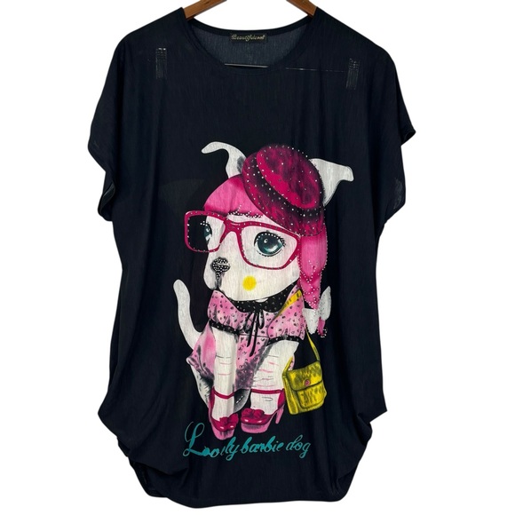 Beautifulcom Tops - Beautifulcom Black Two Sided Gem Detail Lovely Barbie Dog Graphic Blouse XL